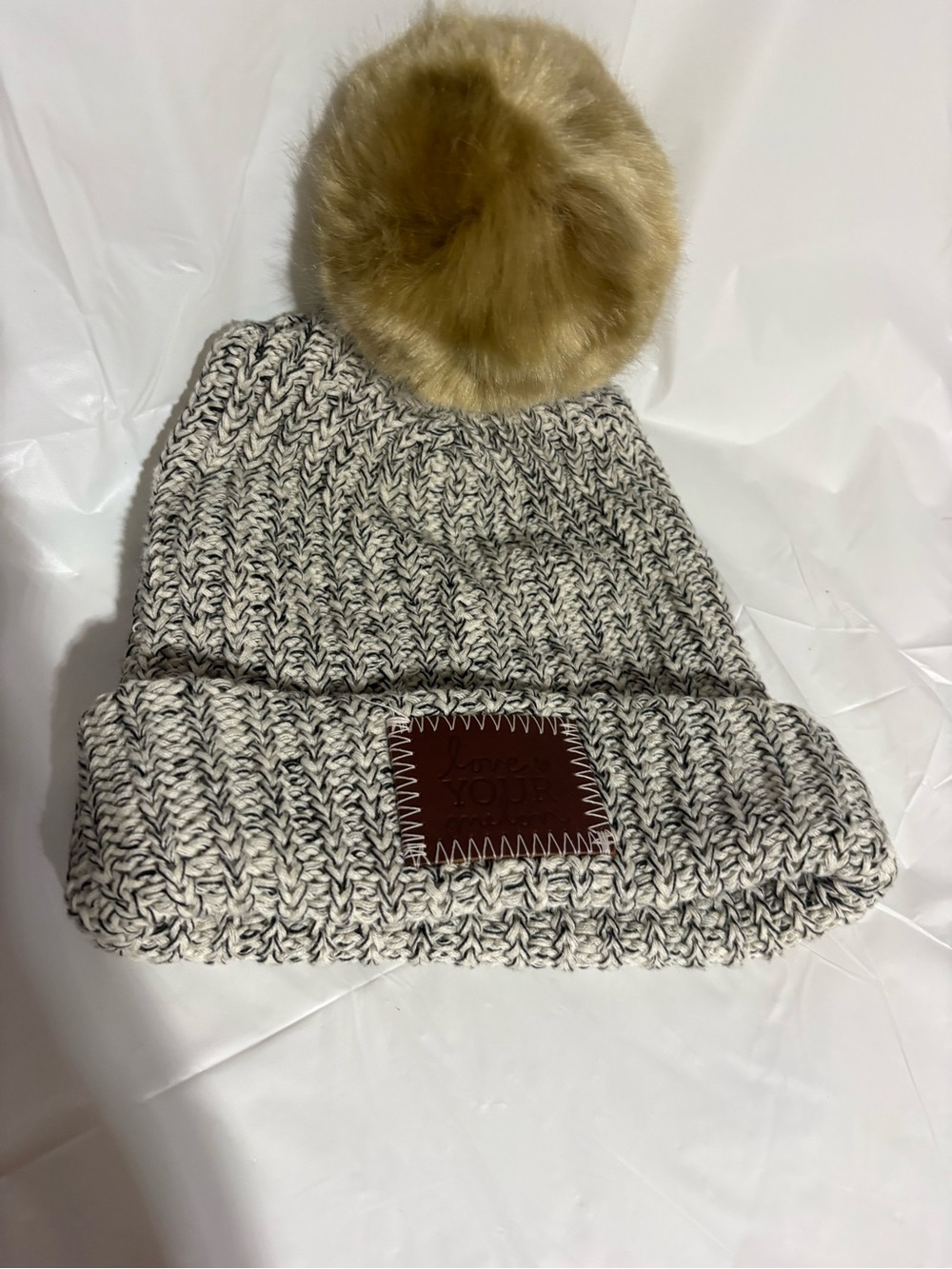 Love Your Melon Marled Cream & Gray Knit Pom Beanie with Tan Pom